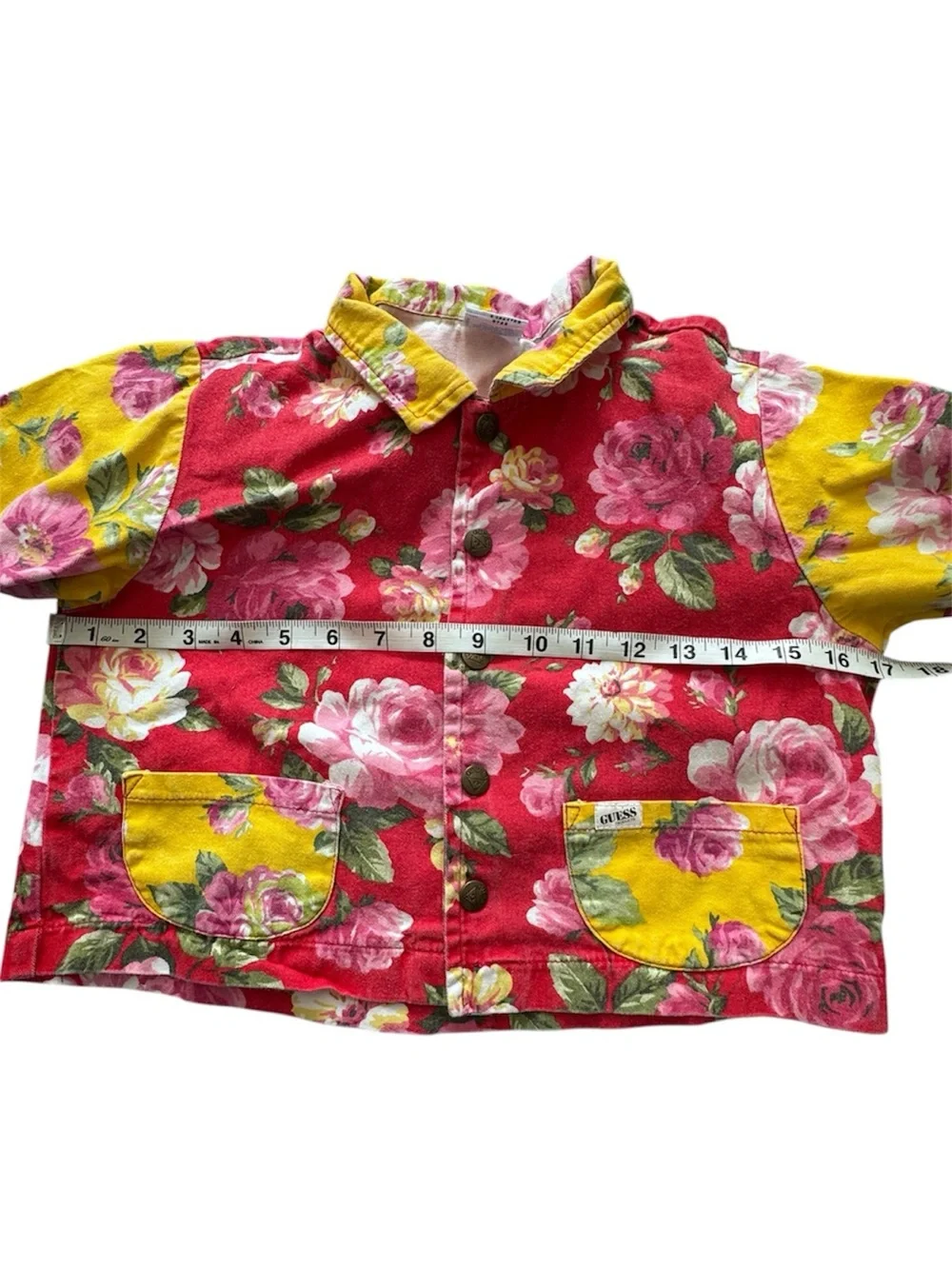 90’’s Guess Girls’ Floral Denim Two-Piece Set Shirt Skirt Red Yellow Size 6